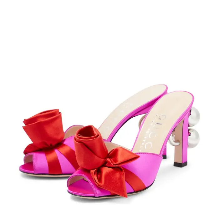 Gucci Shawana Satin Flower Mules in Pure Fucsia/Rosso La (Size 39)